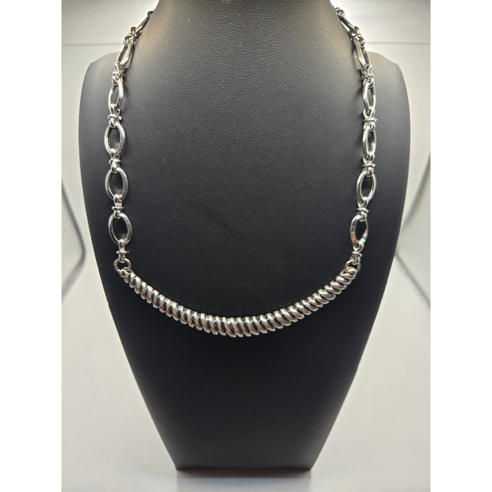 Chico's Silver Tone Mixed Link Ribbed Center Statement Necklace Adjustable